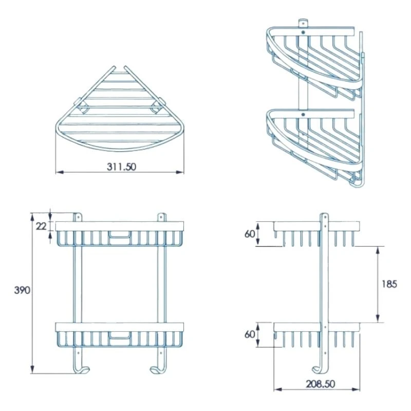 Croydex Aluminium Large Two Tier Corner Basket - Chrome 4 Croydex Aluminium Large Two Tier Corner Basket - Chrome - Image 2